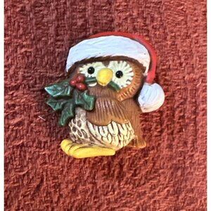 Vintage Festive Adorable Santa‎ Owl Pin Brooch Hallmark Christmas Jewelry